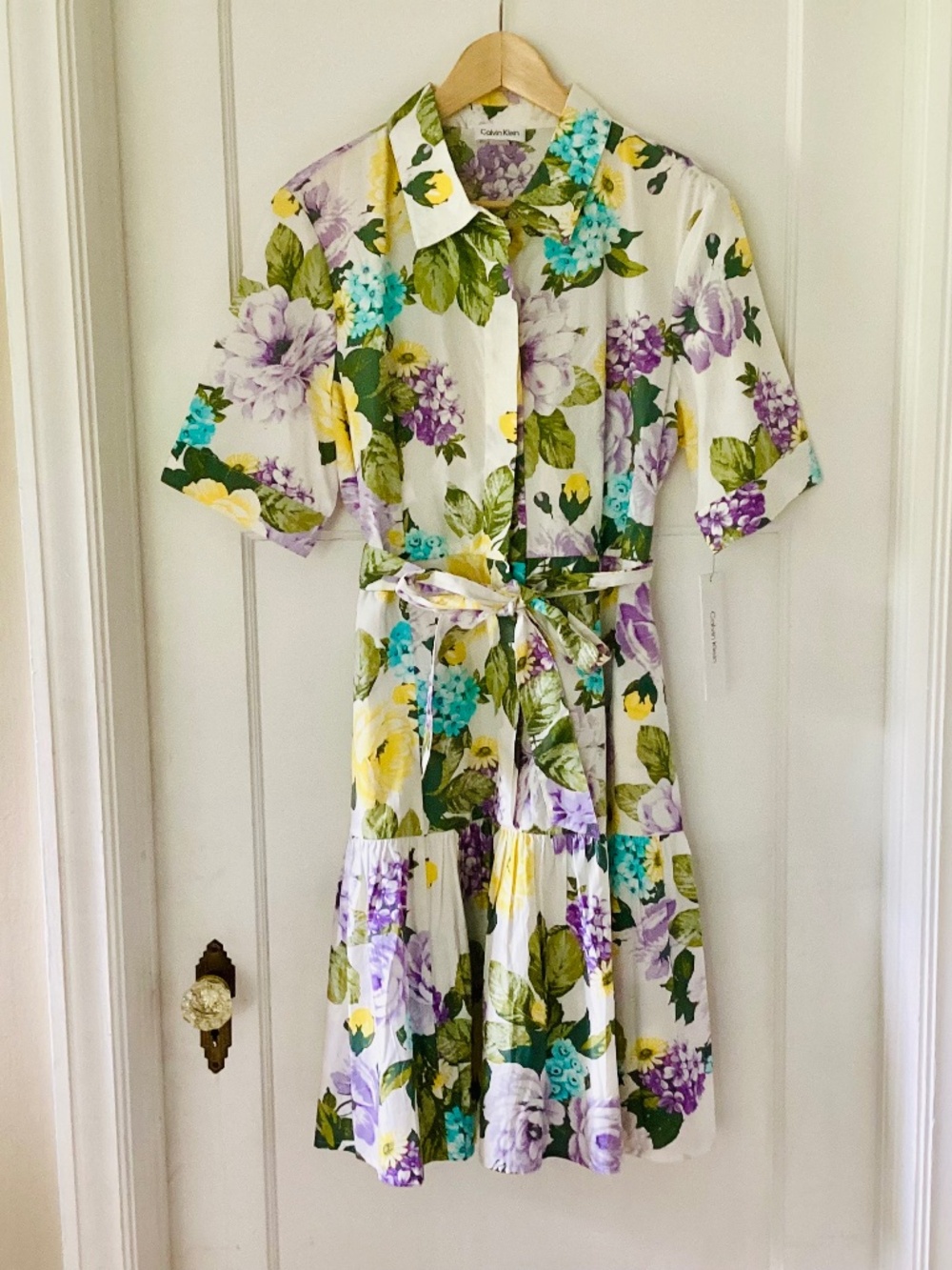 Calvin Klein Floral Collared Fit & Flair Shirt Dress Womens 12 Cotton Garden NWT